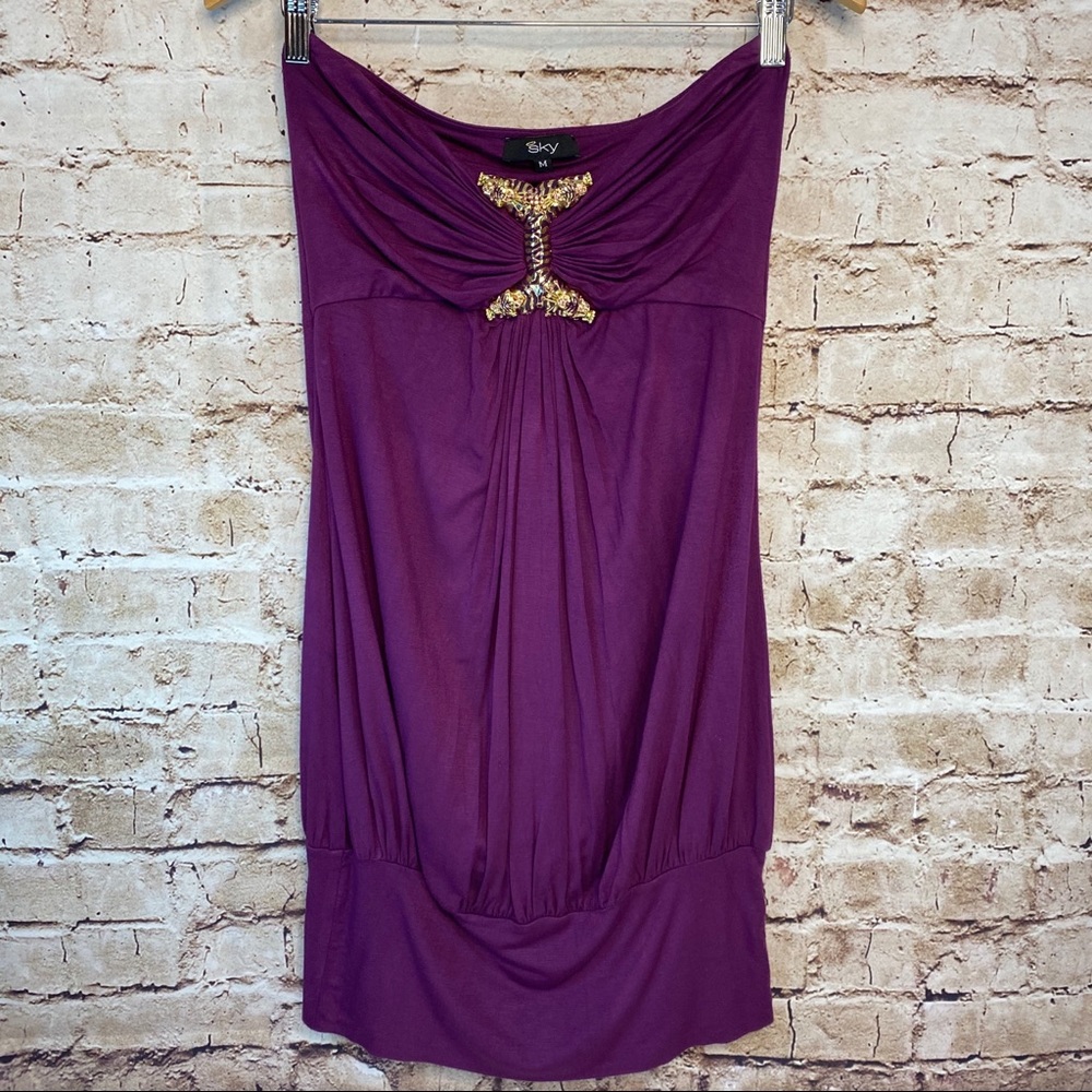 Sky Purple Strapless Mini Dress with Gold Embellishment